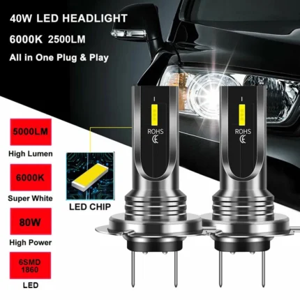 2PCS H7 LED Xenon Headlight CSP 120W 6000K 12V-24V White Replace Xenon Bulbs Beam Canbus360 Degrees Error Free Durable Practical
